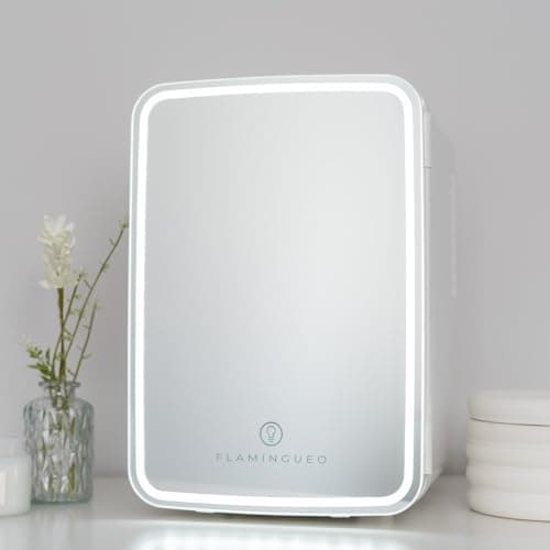 Flamingueo Mini Frigo 10L pour Cosmétique et Soins de la Peau - Portatif avec Miroir et LED - Fonction Chaud et Froid -