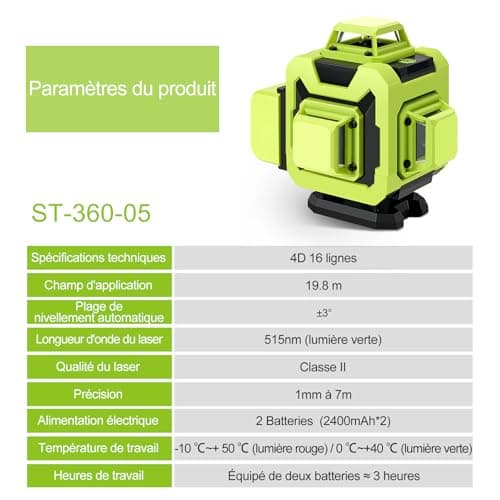 STANEW Niveau laser chantier autonivelant 4D 16 lignes vertMode pulsé extérieur 2x2400mAh batterie rechargeable+support