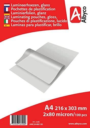 Albyco Pochettes de Plastification A4 - Épaisseur 160 Microns Brillant - Paquet de 100 Pièces pour Archivage - Feuille P