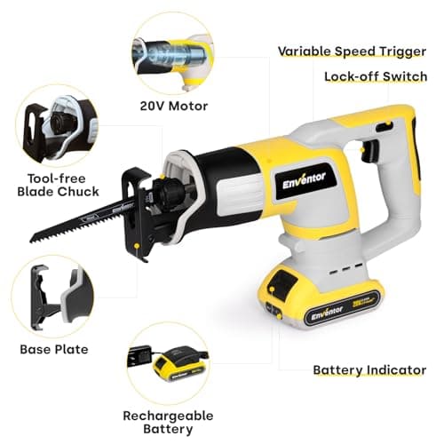 Scie Sabre Sans Fil Enventor 20V 2,0Ah, Idéal pour Couper Bois, Métal et PVC Batterie et Chargeur Inclus