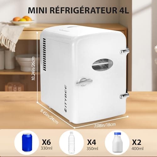 Refrigérateur Citybee Mini 4L Blanc pour Chambre/Voiture/Bureau, Silencieux 230V/12V Cosmétiques Boissons