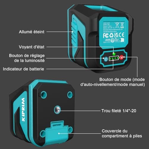 Niveau laser vert Kiprim LV8, visibilité améliorée, luminosité réglable, mode manuel/autonivelant/impulsion, piles et sa