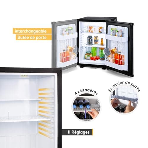 TZS First Austria - Petit mini-frigo silencieux 40L avec serrure - Camping, bureau, chambre & hôtel - Noir matavec porte