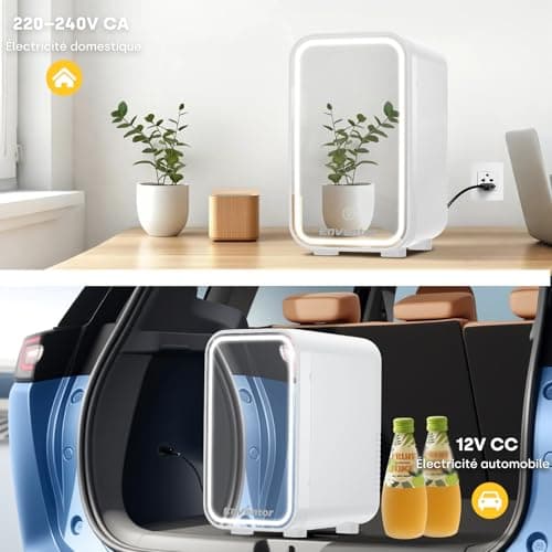 Enventor Mini Frigo 6L/8 canettes Blanc, réfrigérateur pour cosmétiques avec miroir LED, chambre et voiture