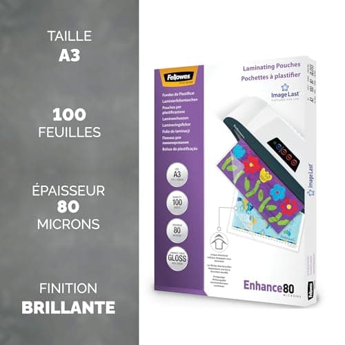 Fellowes Pochette De Plastification 80 Microns Format A3 Pack de 100 Feuilles Plastifieuse A3 Finition Brillante Aspect