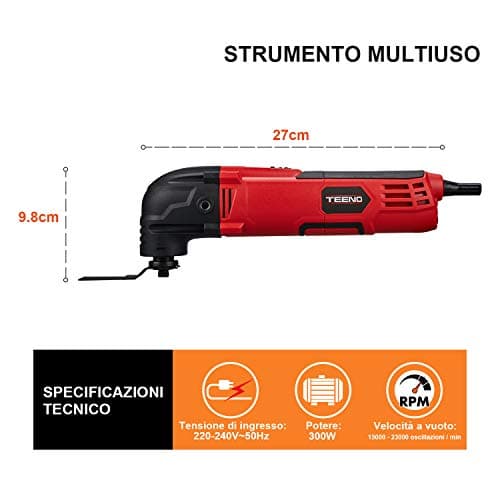 TEENO outil multi-fonctions oscillatoire filaire 300W 15000-23000 tr/min pour menuisiers avec 11 accessoires et 6 vitess