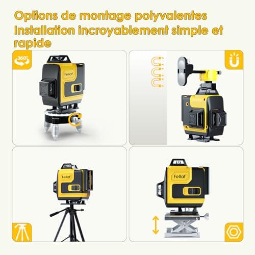 Niveau Laser FELLAT 4 x 360° Vert 4D 16 Lignes Autonivelant Mode Pulsé 2 Batteries Rechargeables Télécommande Magnétique