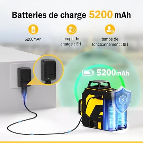 Niveau Laser Autonivelant vert 3D Niveau Laser 3x360° Batterie Rechargeable 5200mAh Line Ligne Laser Verticale et Horizo