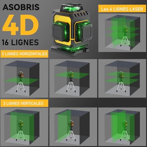 ASOBRIS Niveau Laser 4D x 4 Linéaire 16 Lignes Télémètre Rotatif Batterie Rechargeable Extérieur