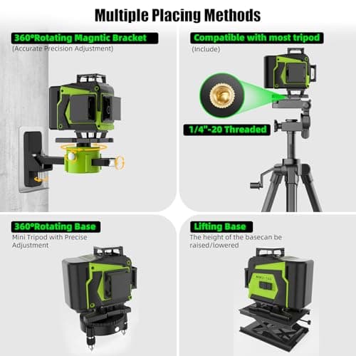 Niveau laser chantier autonivelant 4x360°, vert 4D, 16 lignes LED, 2x batterie, IP54, support rotatif, télécommande & ma