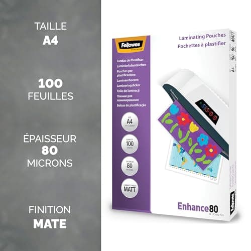 Pochettes de plastification Fellowes A4 80 microns Pack de 100, Qualité Haute pour Photos et Affiches, Idéal Professionn