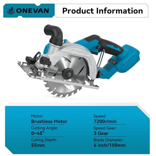 ONEVAN Scie circulaire portative sans fil 150 mm pour professionnels en construction 55 mm de profondeur de coupe 3 lame