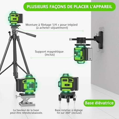 Laser Niveleuse Autonivelante 360° x 4 Lignes Laser 16 Lignes x 2 Batteries Automatique Extérieur Mode Pulsé Extérieur
