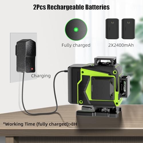 Niveau laser chantier autonivelant 4x360°, vert 4D, 16 lignes LED, 2x batterie, IP54, support rotatif, télécommande & ma