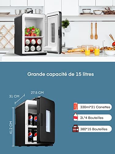 NORTHCLAN Mini Frigo de Chambre Électrique 15L/21 Canettes ECO Mode pour Voiture et Chambre Glacière Portable Silencieus