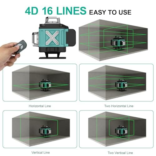 Niveau laser vert autonivelant 4x360°, 4D 16 lignes laser, chantier à ligne croisée verticale/horizontale, 2 x batterie,