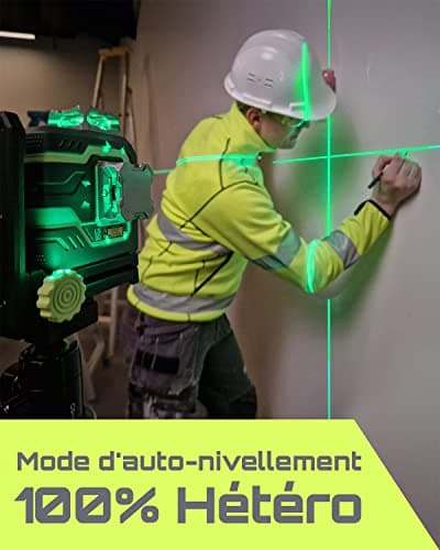 LasGoo LG-3D Niveau Laser Auto-Nivelant - Usage Professionnel - Construction et Alignements - 3x360° Faisceau Vert - 2 B