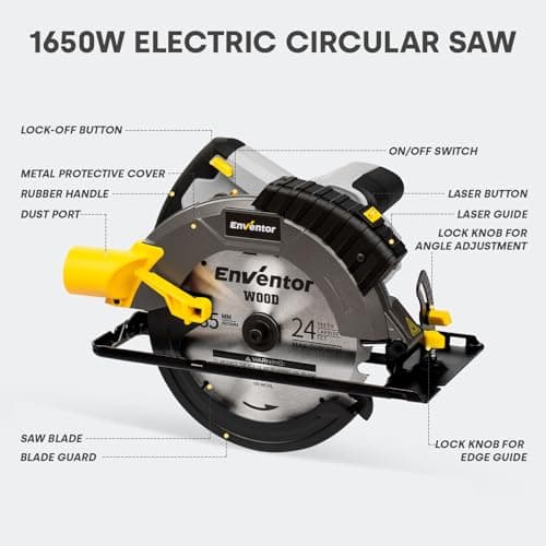 ENVENTOR 1650W Scie Circulaire Puissante, 5500RPM Électrique, Moteur Filaire, Coupe Précise Bois et PVC, pour Profession