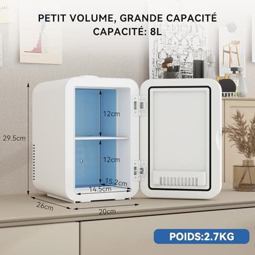Mini Frigo Cosmetique 8L YU YUSING pour voitures, petit réfrigérateur chaud/froid 12V/220V, miroir de maquillage LED, bl