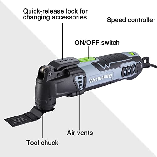 Outil MULTIFONCTION WORKPRO 300W pour Sciage et Polissage - 7 Vitesses Réglables et 17 Accessoires Inclus - Angle d'Osci