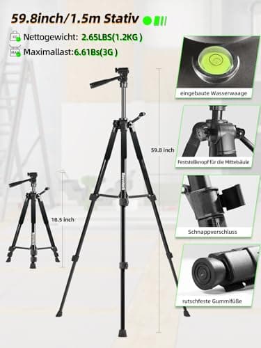 Niveaux Laser Autonivelant 360° Vert 12 Lignes Niveau Laser mit Répied 150cm Rotatif Batterie 3000mAh x2 Télémètre