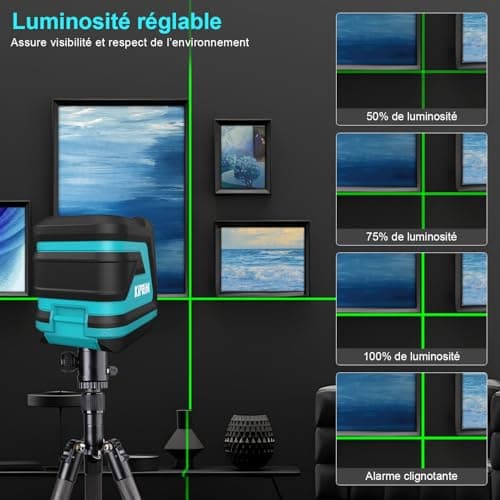 Niveau laser vert Kiprim LV8, visibilité améliorée, luminosité réglable, mode manuel/autonivelant/impulsion, piles et sa