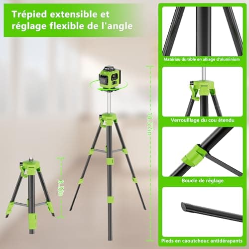 Lazer Niveaux Autonivelant 360° 4D x 4 Lignes Laser, Batterie Extérieure, Nivellement Automatique, Support Rotatif