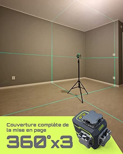 LasGoo LG-3D Niveau Laser Auto-Nivelant - Usage Professionnel - Construction et Alignements - 3x360° Faisceau Vert - 2 B
