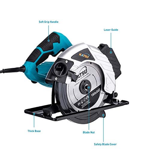 KATSU Scie circulaire 185mm 1600W Guide Laser 2 Lames 24T 40T Coupe Bois Métal Plastique