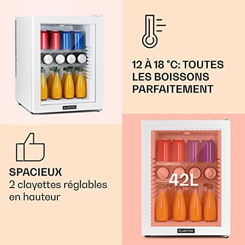 Klarstein Mini Frigo de Chambre 42L pour Snacks et Boissons, Réfrigérateur Silencieux et Économe Électrique avec Étagère