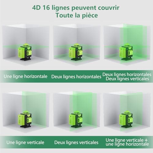 Laser Niveaux Professionnels Chantier 360° x 4, Autonivellement 4D 16 Lignes, Mode Pulsé Exterior, 2 x Batteries, Nivell