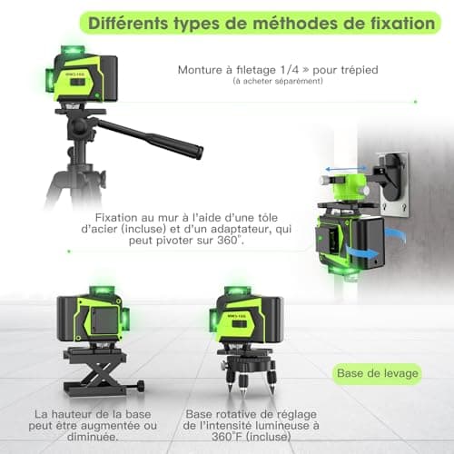 Niveau laser chantier autonivelant 360° x 4 | Lazer Niveaux 4D 16 Lignes Laser | Autonivellement et Mode Pulsé Extérieur
