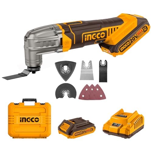 Outil Multifonction Oscillant sans Fil INGCO CMLI20228, puissance 5000-20000 tr/min, accessoires inclus, batterie 2,0 Ah