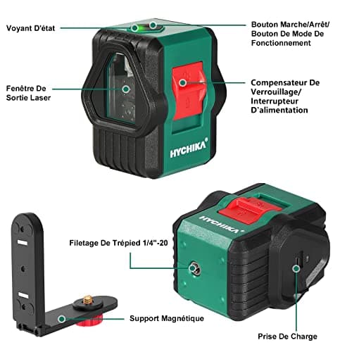 HYCHIKA Niveau Laser Vert Autonivelant 45M pour Extérieur - Deux Modules Ligne Croix/Horizontale/Verticale USB Rechargea