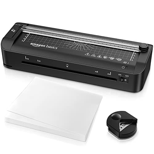 Amazon Basics – Plastifieuse thermique 3 en 1 A4, fonctions de découpage, perforage et arrondi de coins, 10 pochettes in