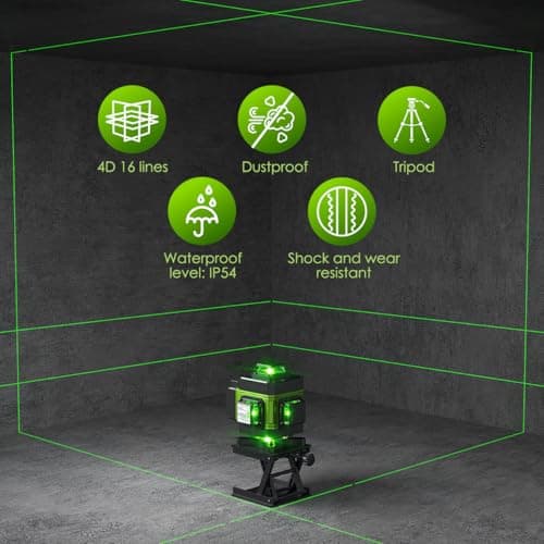 Niveau Laser 4 x 360° Auto-Nivelant Vert Étanche et Anti-Poussière Télécommande Trépied Réglable Hauteur 2400mAh x 2 Pil