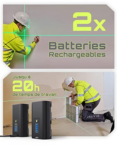 LasGoo LG-3D Niveau Laser Auto-Nivelant - Usage Professionnel - Construction et Alignements - 3x360° Faisceau Vert - 2 B