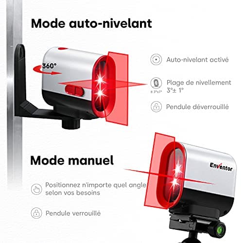 Niveau laser rouge ENVENTOR 35M USB chargeable, autonivelant et mode pulsé, 360° laser rotatif, IP54, croix et ligne las