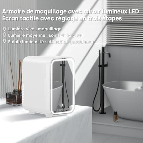 Enventor Mini Frigo 6L/8 canettes Blanc, réfrigérateur pour cosmétiques avec miroir LED, chambre et voiture