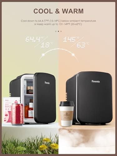 Réfrigérateur Reemix Mini Frigo de Chambre 6L/9 Canettes, Petit Frigo Portable 240V/12V, Fonction Silencieuse, Chaud et