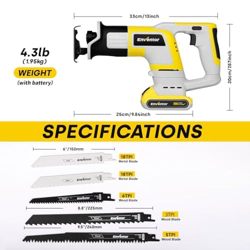 Scie Sabre Sans Fil Enventor 20V 2,0Ah, Idéal pour Couper Bois, Métal et PVC Batterie et Chargeur Inclus