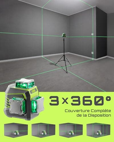 LasGoo Niveau Laser 3x360° Auto-nivelant - Construction - Professionnels - Bâtiment et Réparation - Éclairage Vert Crois