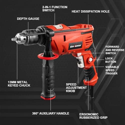 ENVENTOR Perceuse à percussion Filaire 900W pour Béton, Métal et Bois - Fonction 2 en 1 0-3000 tr/min - 36 Accessoires i