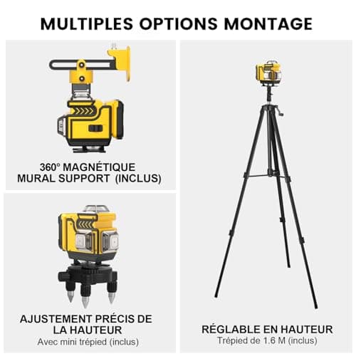 Laser Level Niveau Laser avec Trepied 4D 16 Lignes Vert Rotatif 4 x 360° Multifonctionnel Autonivelant en Croix 1.6 M Tr