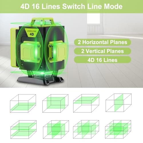 Laser Niveau Professionnel 4 x 360° Vert 16 Lignes Autonivelant Batterie Rechargeable pour Chantier Construction Accroch