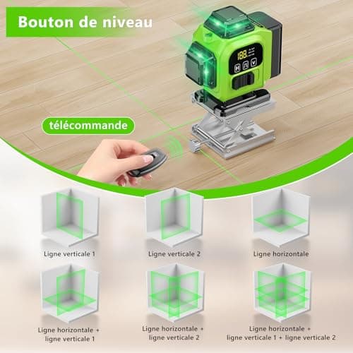Lazer Niveaux Autonivelant 360° 4D x 4 Lignes Laser, Batterie Extérieure, Nivellement Automatique, Support Rotatif