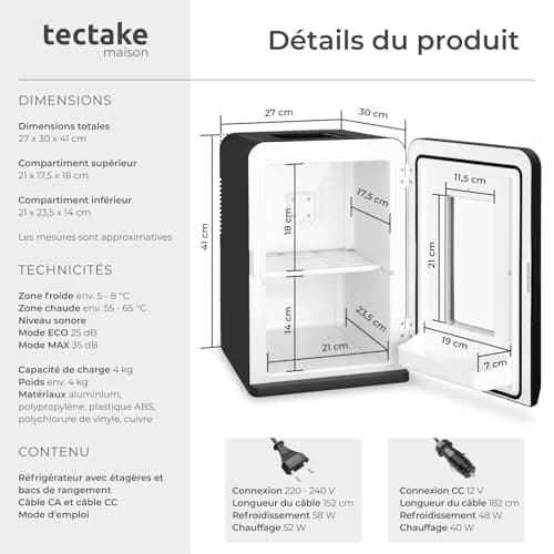 TecTake® Mini frigo de voiture, Refroidissement et chauffage, idéal pour le camping