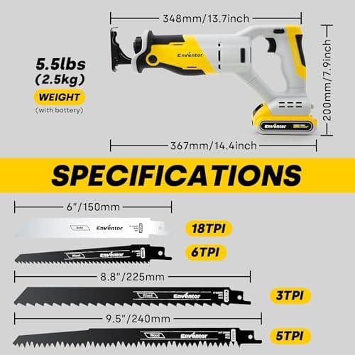 ENVENTOR Scie Sabre Sans Fil 20V Brushless Idéal pour Professionnels et Bricoleurs - Coupe Bois Métal Plastique Branches