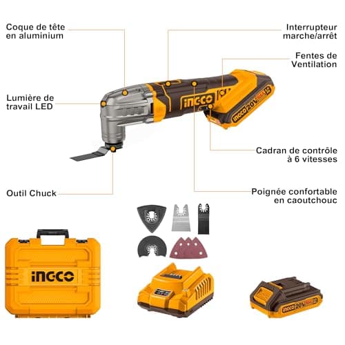 Outil Multifonction Oscillant sans Fil INGCO CMLI20228, puissance 5000-20000 tr/min, accessoires inclus, batterie 2,0 Ah