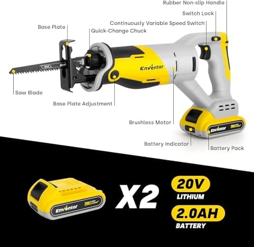 ENVENTOR Scie Sabre Sans Fil 20V Brushless Idéal pour Professionnels et Bricoleurs - Coupe Bois Métal Plastique Branches